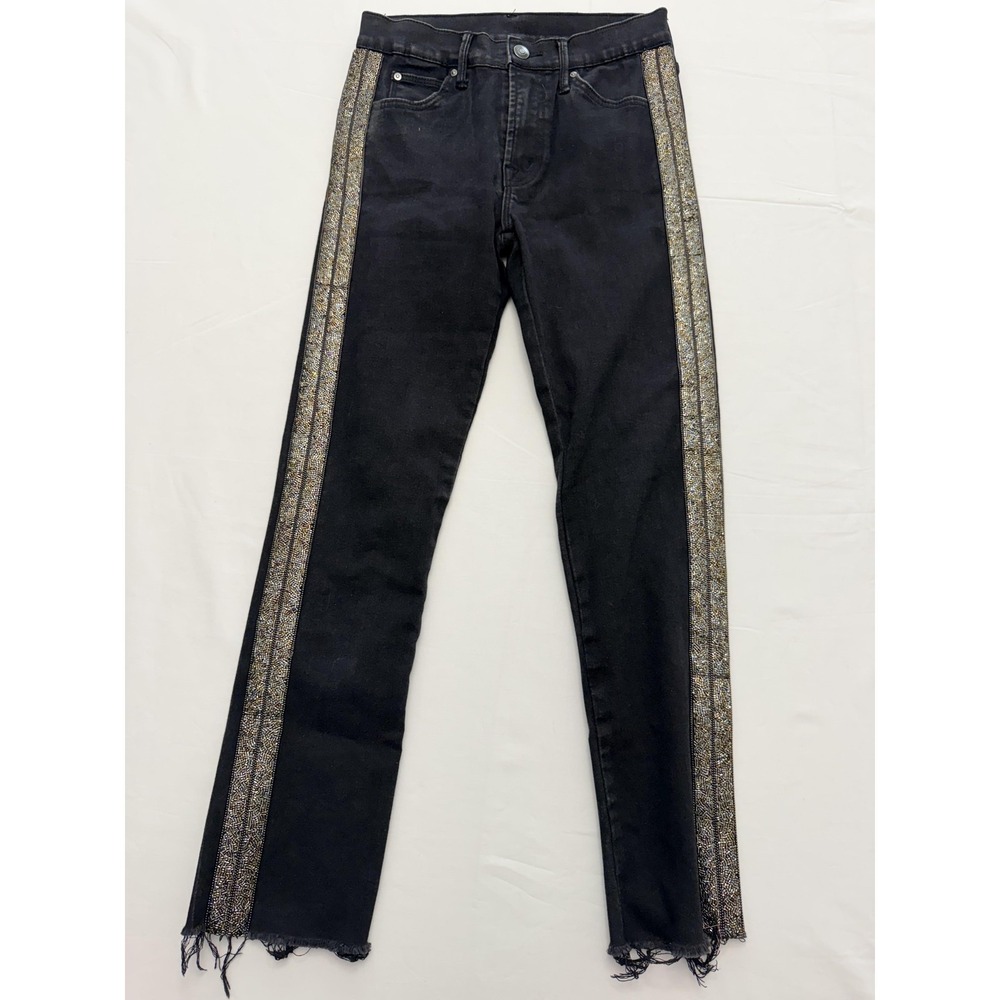 Straight Jeans Womens 25 Black Dark Wash Mid Rise Beaded Fringe 25x29 Denim